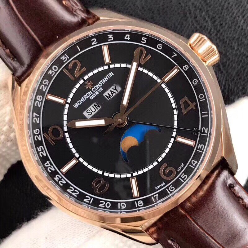 Fiftysix Complete Calendar RG 40mm 1:1 Best Edition Black Dial on Brown Leather Strap A2460 – Image 3