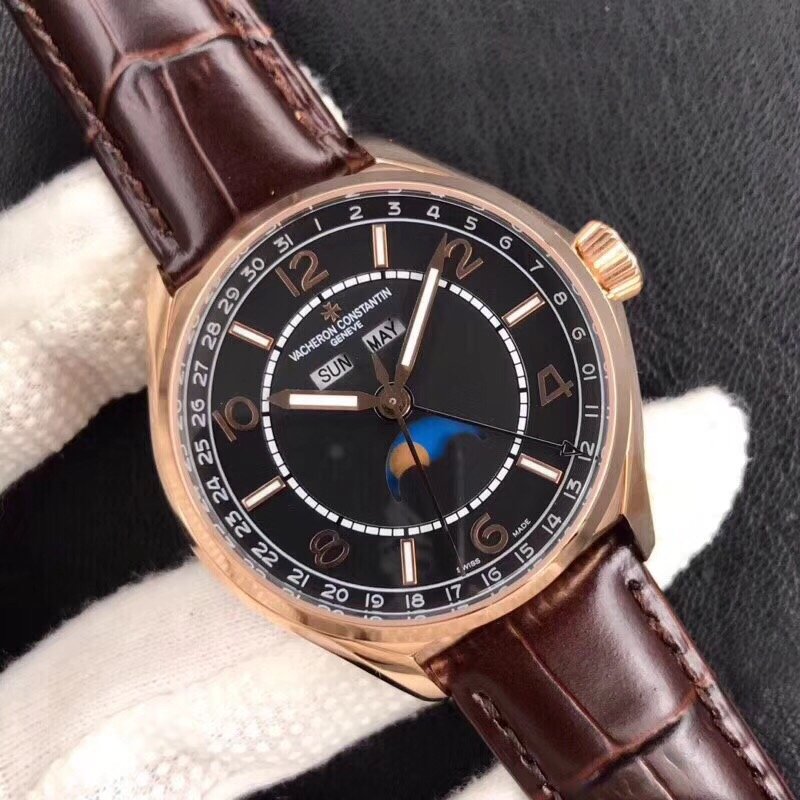 Fiftysix Complete Calendar RG 40mm 1:1 Best Edition Black Dial on Brown Leather Strap A2460 – Image 4