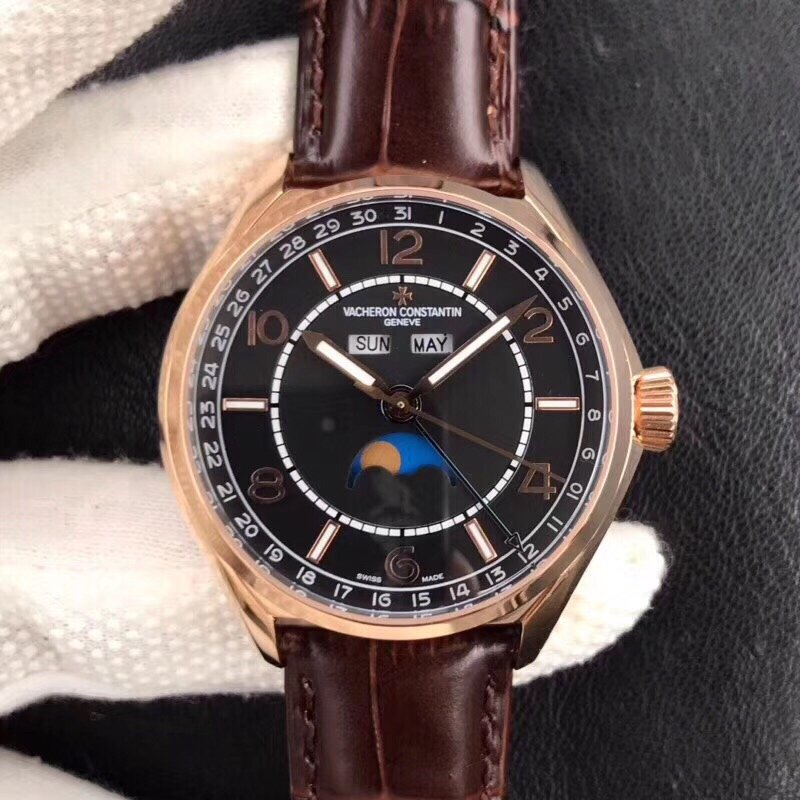 Fiftysix Complete Calendar RG 40mm 1:1 Best Edition Black Dial on Brown Leather Strap A2460