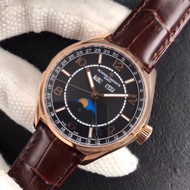 Fiftysix Complete Calendar RG 40mm 1:1 Best Edition Black Dial on Brown Leather Strap A2460 – Image 2