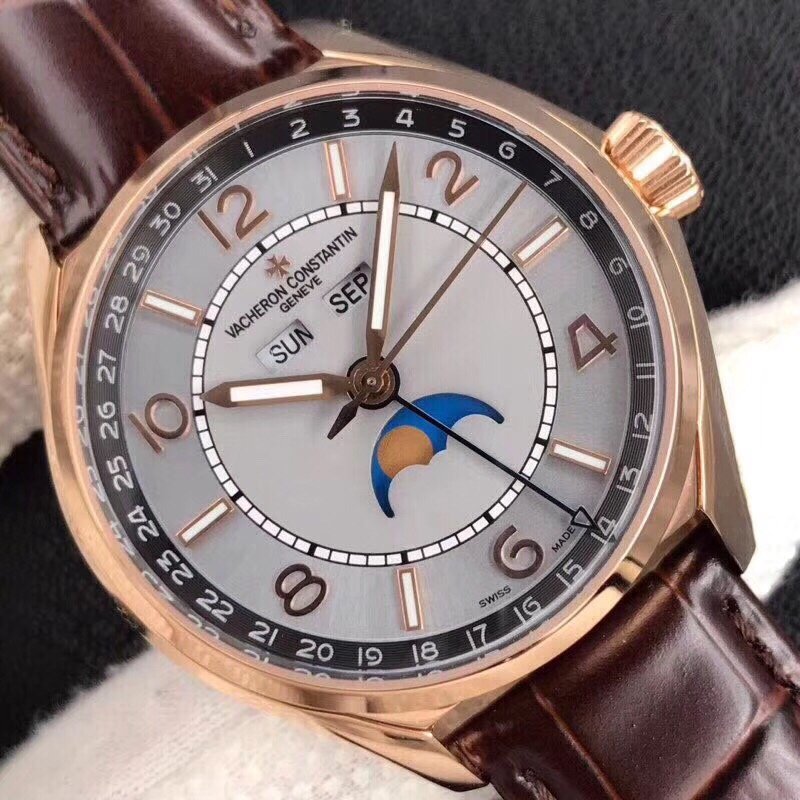 Fiftysix Complete Calendar RG 40mm 1:1 Best Edition White Dial on Brown Leather Strap A2460 – Image 4