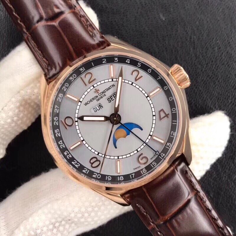 Fiftysix Complete Calendar RG 40mm 1:1 Best Edition White Dial on Brown Leather Strap A2460 – Image 5