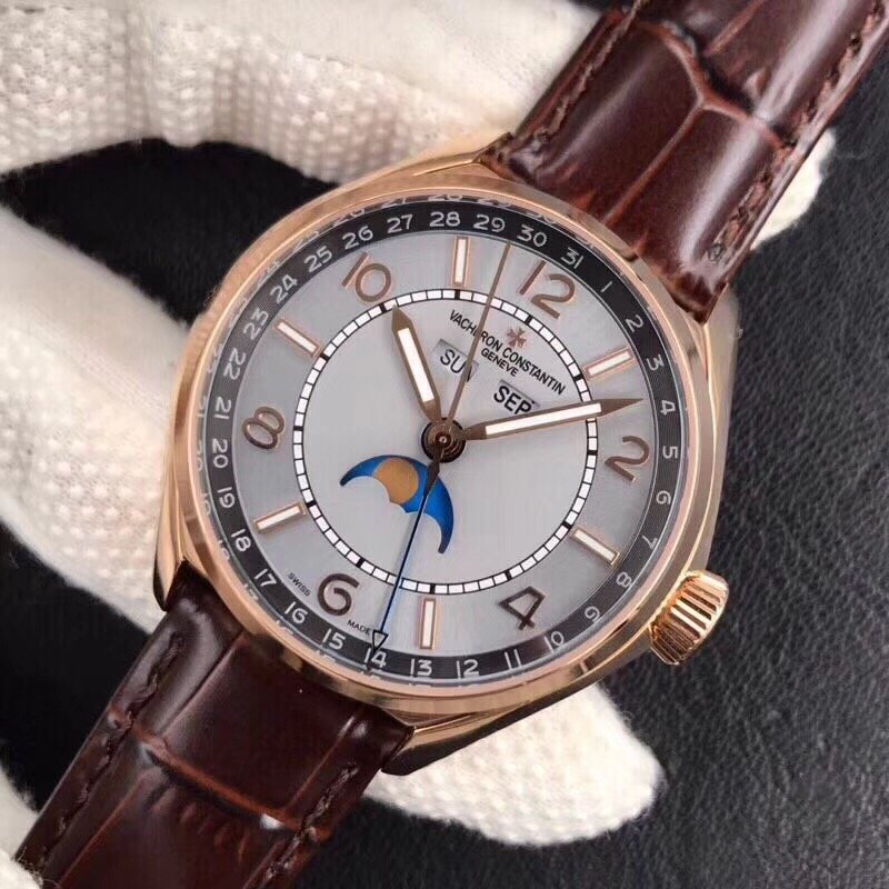 Fiftysix Complete Calendar RG 40mm 1:1 Best Edition White Dial on Brown Leather Strap A2460 – Image 9