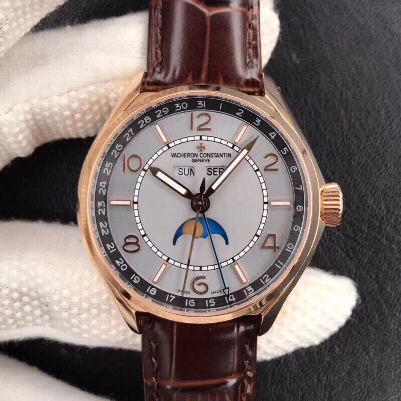 Fiftysix Complete Calendar RG 40mm 1:1 Best Edition White Dial on Brown Leather Strap A2460