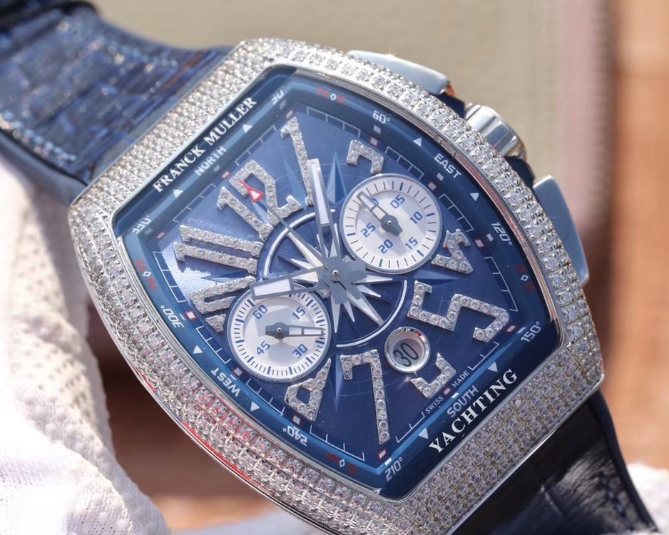 Vanguard V45 Yachting Full DIamonds SS ABF 1:1 Best Edition Blue Textured Dial on Blue Gummy Strap A2824 – Image 5