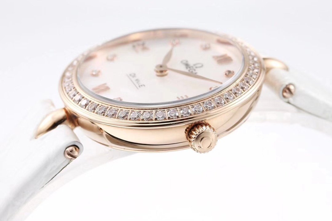 De Ville 27.4mm SS 1:1 Best Edition Pink Mother Of Pearl Dial on White Leather Strap – Image 2
