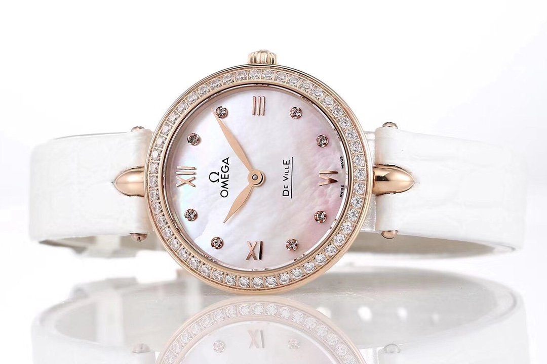De Ville 27.4mm SS 1:1 Best Edition Pink Mother Of Pearl Dial on White Leather Strap – Image 5