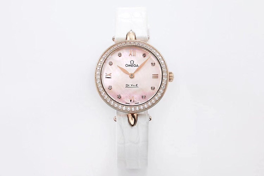 De Ville 27.4mm SS 1:1 Best Edition Pink Mother Of Pearl Dial on White Leather Strap