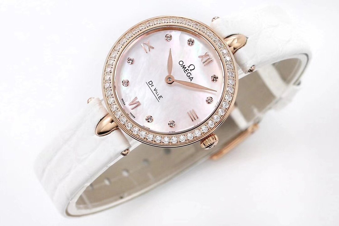 De Ville 27.4mm SS 1:1 Best Edition Pink Mother Of Pearl Dial on White Leather Strap – Image 7