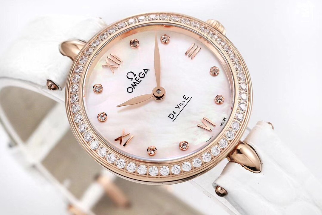 De Ville 27.4mm SS 1:1 Best Edition Pink Mother Of Pearl Dial on White Leather Strap – Image 8
