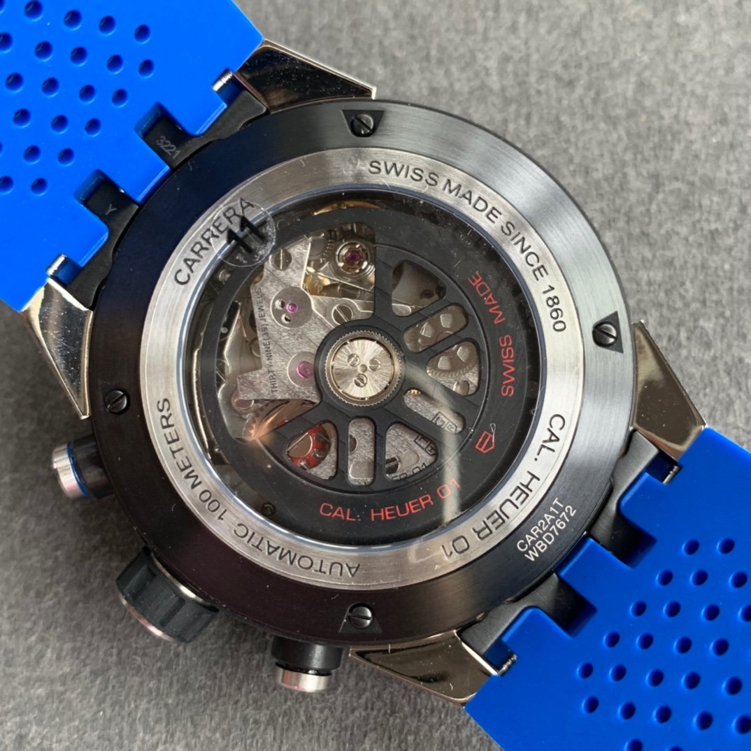 Calibre Heuer 01 Chrono SS/PVD XF 1:1 Best Edition Skeleton Dial Red Hand on Blue Rubber Strap A1887 – Image 2