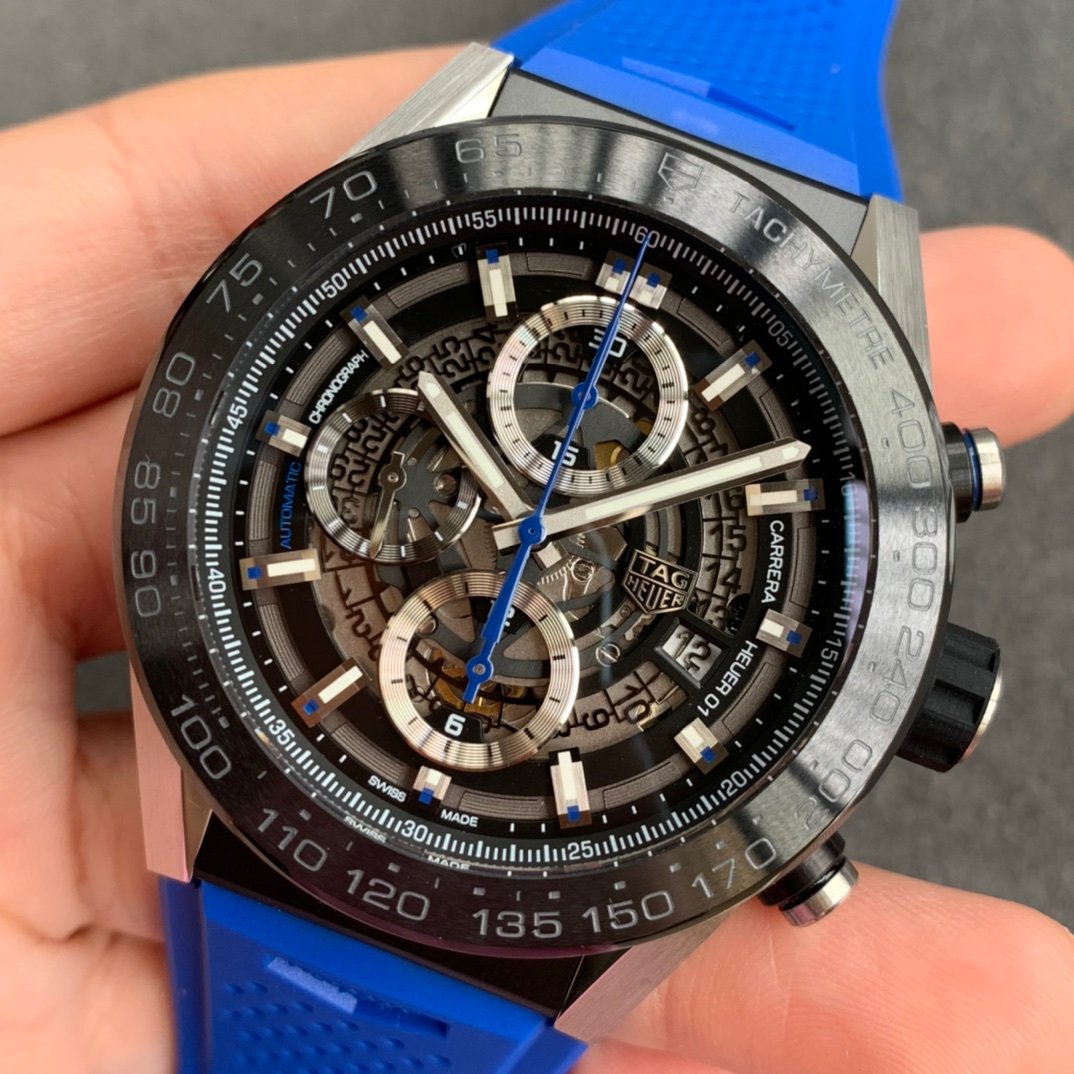 Calibre Heuer 01 Chrono SS/PVD XF 1:1 Best Edition Skeleton Dial Red Hand on Blue Rubber Strap A1887 – Image 8