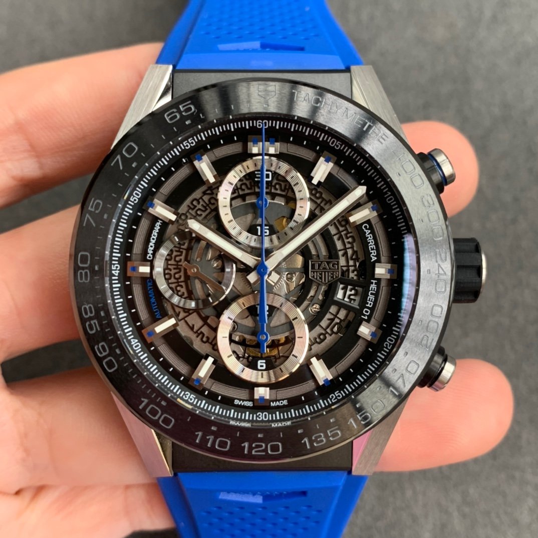 Calibre Heuer 01 Chrono SS/PVD XF 1:1 Best Edition Skeleton Dial Red Hand on Blue Rubber Strap A1887
