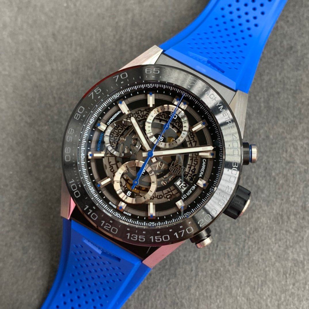 Calibre Heuer 01 Chrono SS/PVD XF 1:1 Best Edition Skeleton Dial Red Hand on Blue Rubber Strap A1887 – Image 9