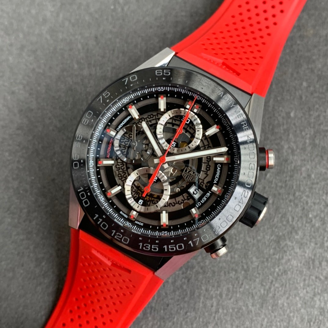 Calibre Heuer 01 Chrono SS/PVD XF 1:1 Best Edition Skeleton Dial Red Hand on Red Rubber Strap A1887 – Image 5