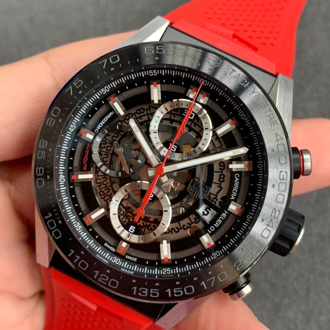 Calibre Heuer 01 Chrono SS/PVD XF 1:1 Best Edition Skeleton Dial Red Hand on Red Rubber Strap A1887 – Image 2
