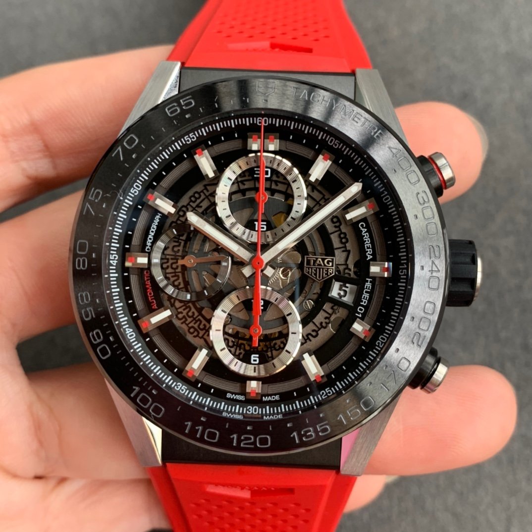 Calibre Heuer 01 Chrono SS/PVD XF 1:1 Best Edition Skeleton Dial Red Hand on Red Rubber Strap A1887