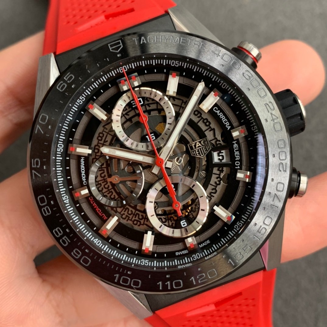 Calibre Heuer 01 Chrono SS/PVD XF 1:1 Best Edition Skeleton Dial Red Hand on Red Rubber Strap A1887 – Image 9