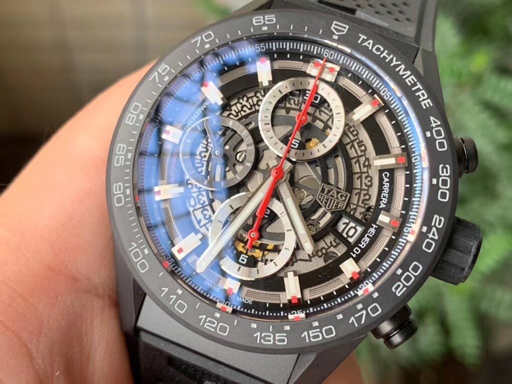 Calibre Heuer 01 Chrono SS/PVD XF 1:1 Best Edition Skeleton Dial Red Hand on Black Rubber Strap A1887 – Image 2