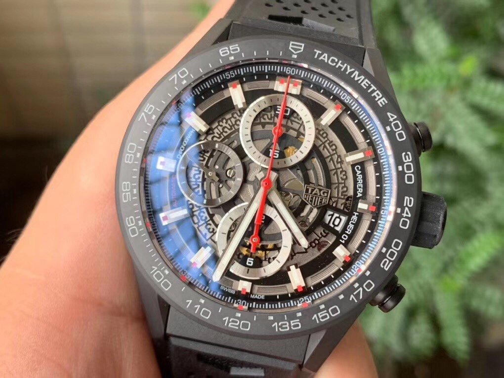 Calibre Heuer 01 Chrono SS/PVD XF 1:1 Best Edition Skeleton Dial Red Hand on Black Rubber Strap A1887 – Image 5