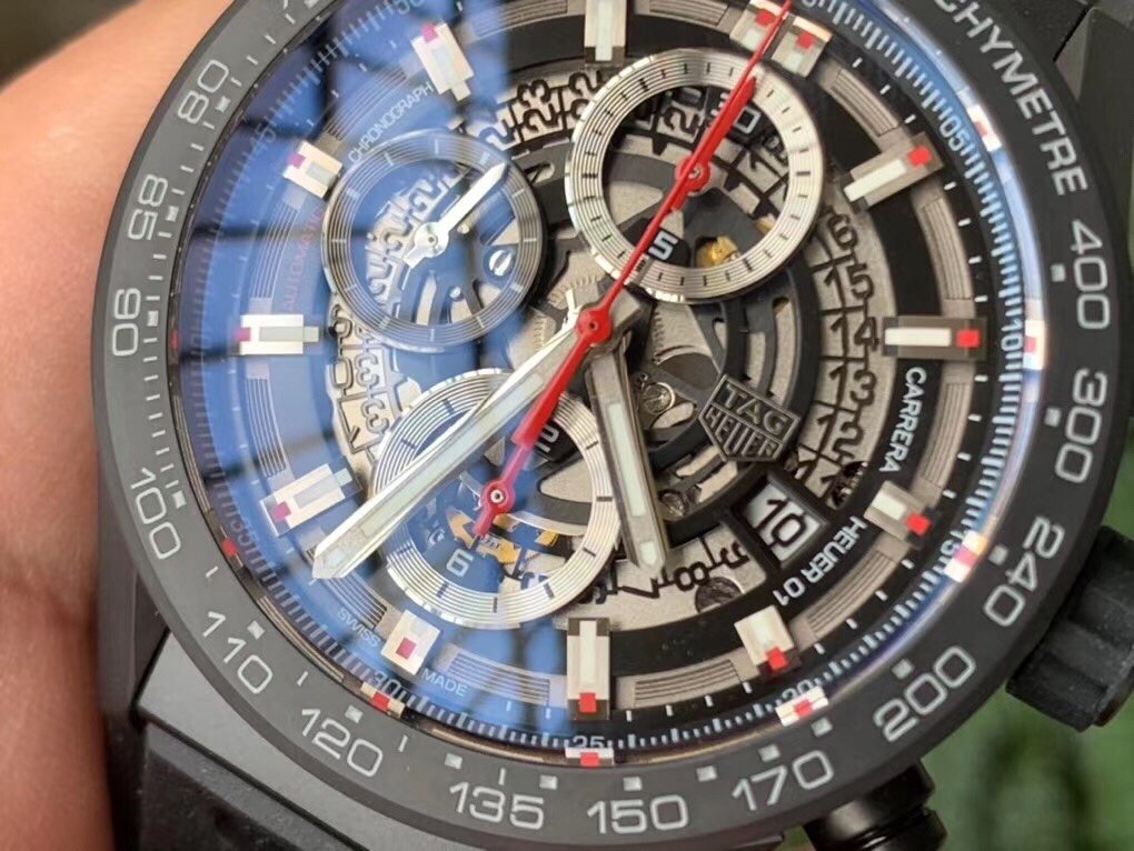 Calibre Heuer 01 Chrono SS/PVD XF 1:1 Best Edition Skeleton Dial Red Hand on Black Rubber Strap A1887 – Image 6