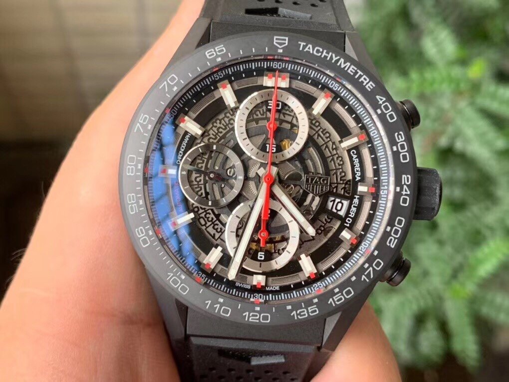 Calibre Heuer 01 Chrono SS/PVD XF 1:1 Best Edition Skeleton Dial Red Hand on Black Rubber Strap A1887 – Image 7