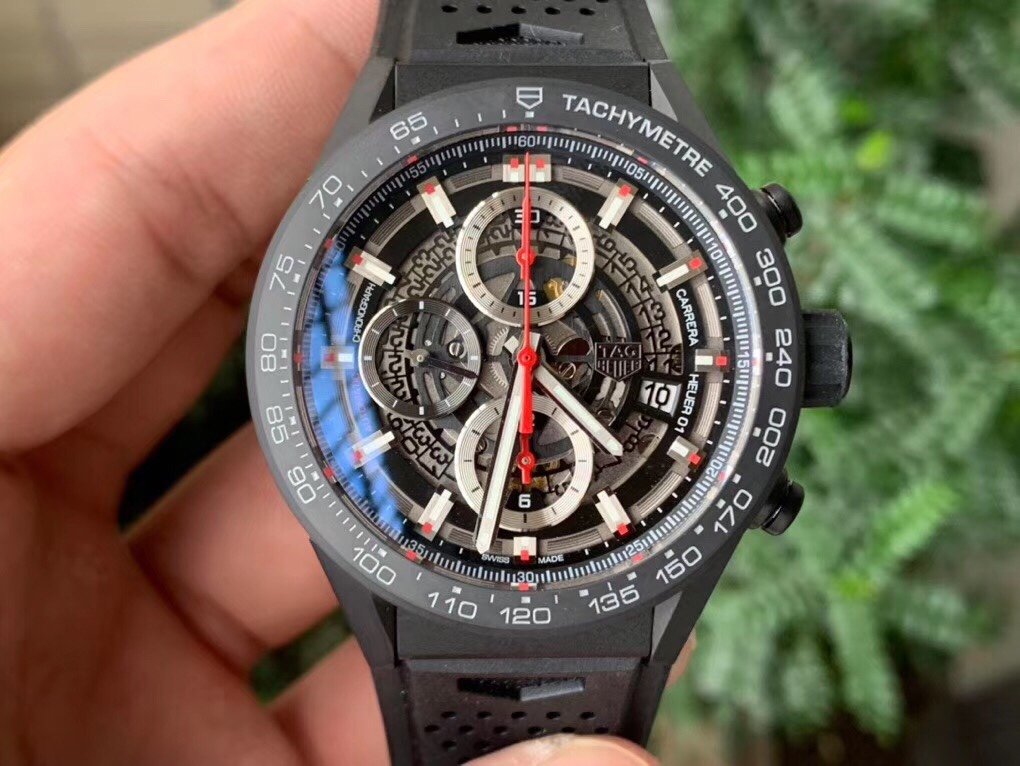 Calibre Heuer 01 Chrono SS/PVD XF 1:1 Best Edition Skeleton Dial Red Hand on Black Rubber Strap A1887