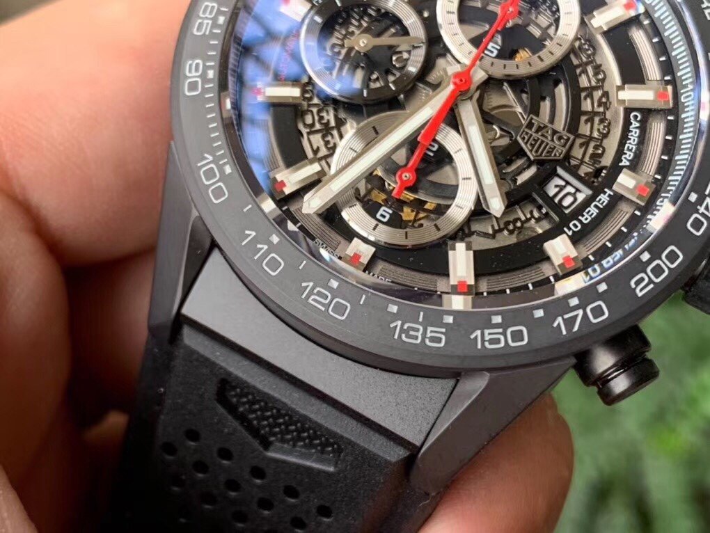 Calibre Heuer 01 Chrono SS/PVD XF 1:1 Best Edition Skeleton Dial Red Hand on Black Rubber Strap A1887 – Image 9