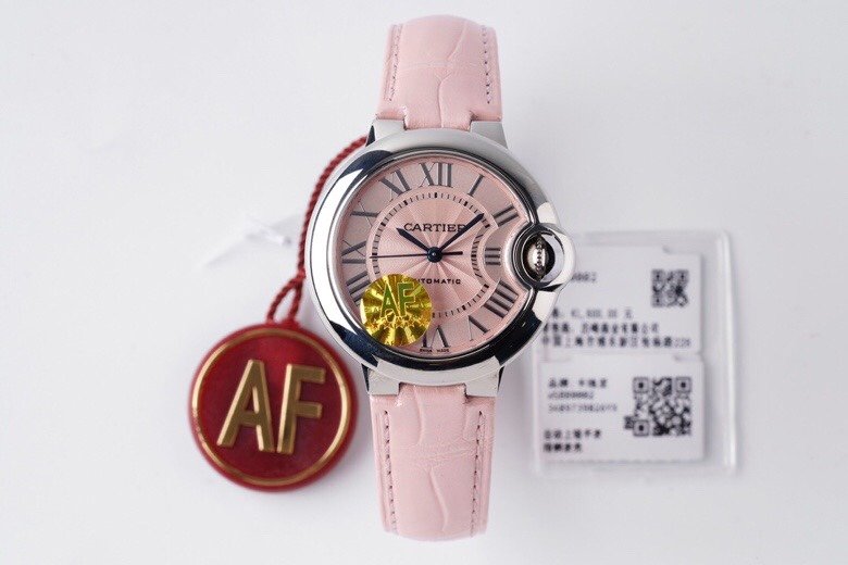 Ballon Bleu 33mm SS AF 1:1 Best Edition Pink Textured Dial on Pink Leather Strap SEIKO NH05A