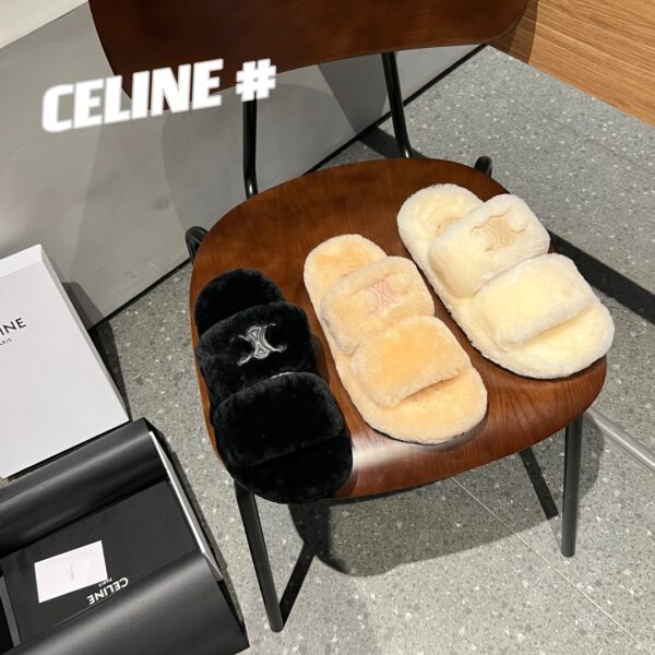 Celine Arc de Triomphe furry slippers